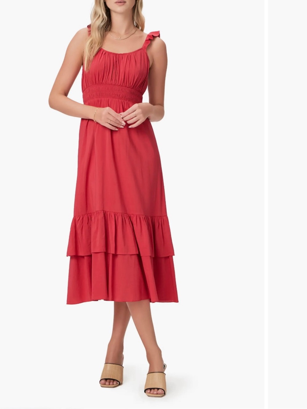 PAIGE Gisela Tiered Hem Midi Dress Red Strawberry Ruffle with Smocked Waist 12 - Picture 3 of 11
